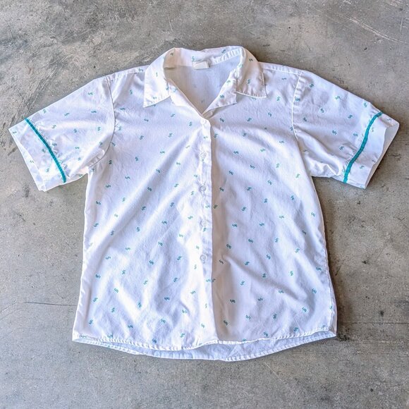 Vintage Girl Scouts Union Made White Logo Pattern Button Down Short Sleeve Top - Picture 1 of 9